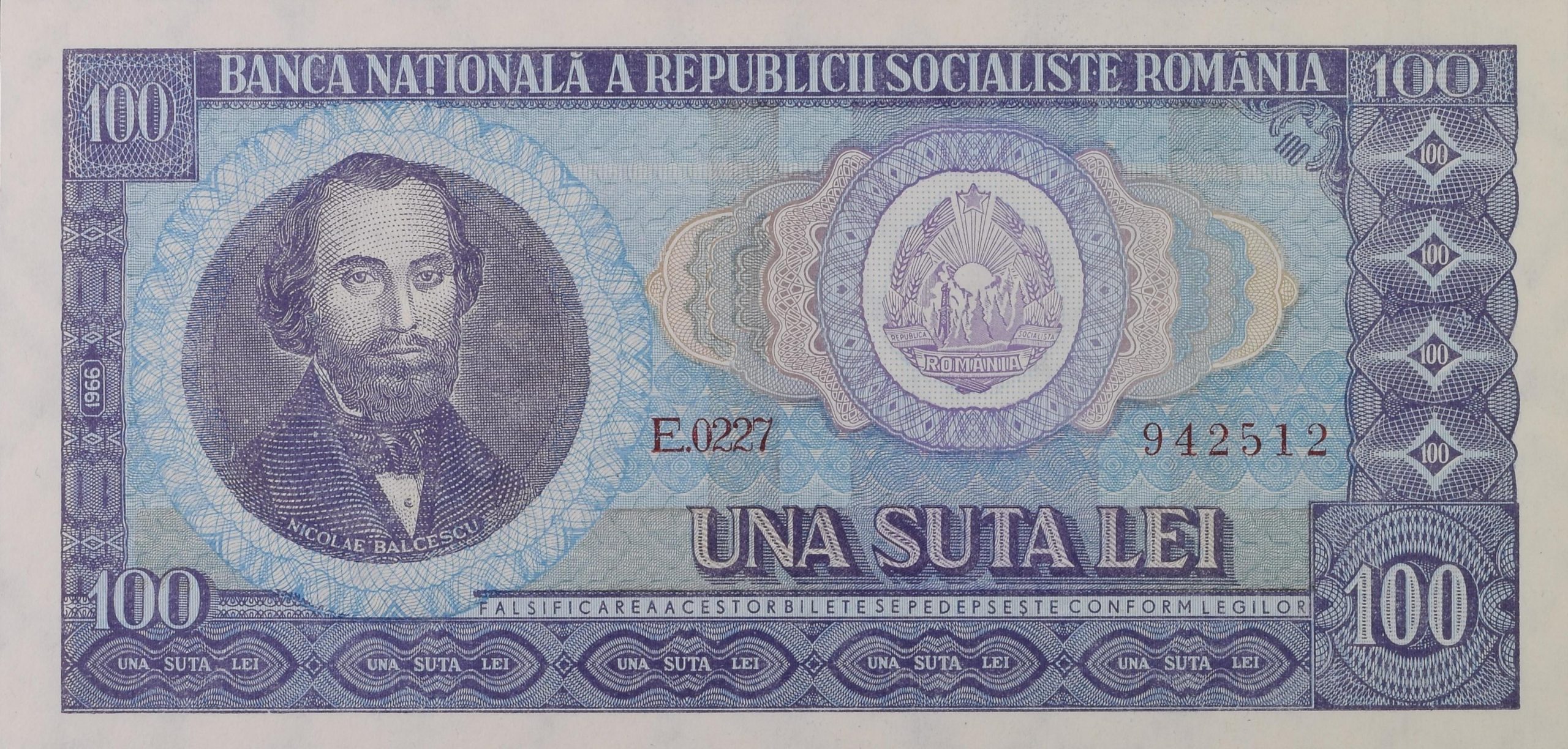 Bancnota 100 lei 1966 - Nicolae Balcescu