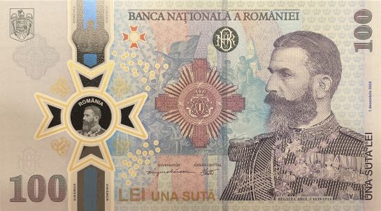 100 lei lei, 185 de ani de la nașterea regelui Carol I, an 2024, polimer, 147 x 82 mm, Mugur Isarescu