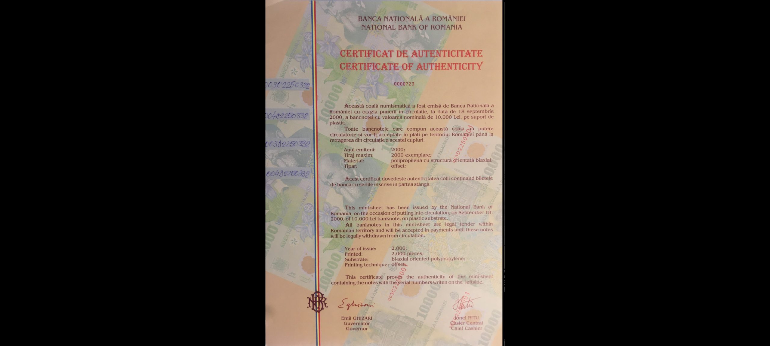 10000 lei – an 2000 – Coala – Emil Iota Ghizari - 10000-lei-2000-Coala-Emil-Iota-Ghizari-Certificat-2