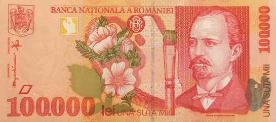 100000 lei, an 1998, hartie, 160 X 73 mm, Mugur Isarescu