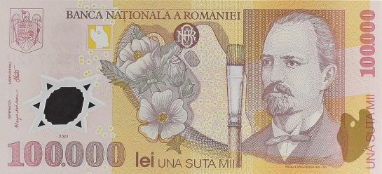 100000 lei, an 2001, polimer, 160 X 73 mm, Mugur Isarescu
