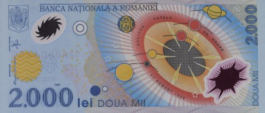 2000 lei, Eclipsa de soare din 11 august 1999, an 1999, polimer, 143 X 63 mm, Mugur Isarescu