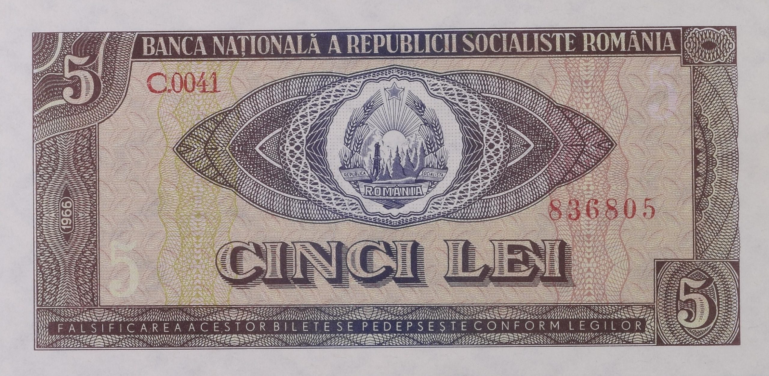 Bancnota 5 lei 1966 - hartie