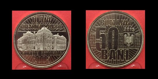 50 bani, 10 ani de la denominarea monedei naționale, an 2015, alama, 23,75 mm, Mugur Isarescu