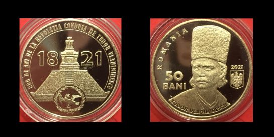 50 bani, 200 de ani de la Revolutia din 1821 condusa de Tudor Vladimirescu, an 2021, alama, 23,75 mm, Mugur Isarescu