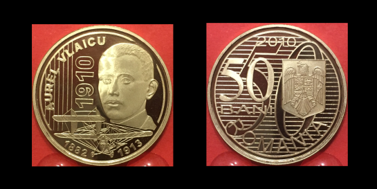 50 bani, 100 de ani de la primul zbor românesc, an 2010, alama, 23,75 mm, Mugur Isarescu