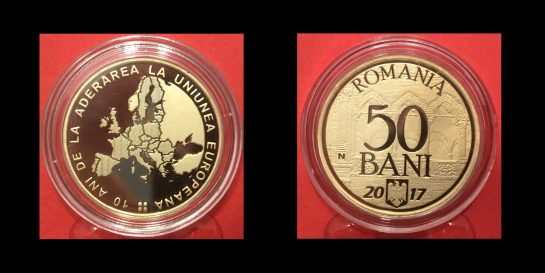 50 bani, 10 ani de la aderarea Romaniei la Uniunea Europeana, an 2017, alama, 23,75 mm, Mugur Isarescu