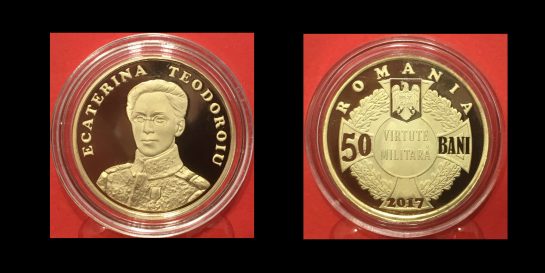 50 bani, 100 de ani de cand Ecaterina Teodoroiu a devenit prima femeie ofiter combatant din Armata Romana, an 2017, alama, 23,75 mm, Mugur Isarescu
