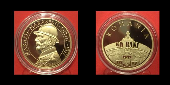 50 bani, 100 de ani de la victoriile armatei romane de la Marasti, Marasesti si Oituz, an 2017, alama, 23,75 mm, Mugur Isarescu