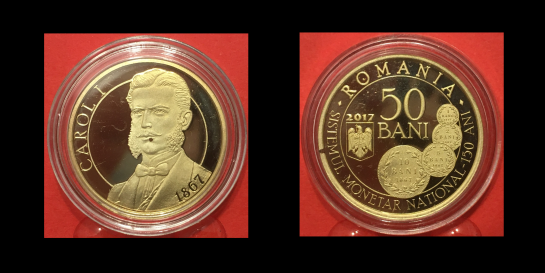 50 bani, 150 de ani de la adoptarea legii pentru infiintarea unui nou sistem monetar si pentru fabricarea monedelor nationale, an 2017, alama, 23,75 mm, Mugur Isarescu