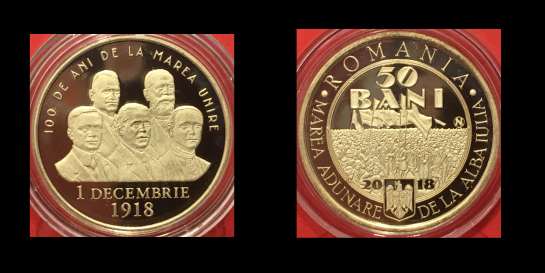 50 bani, 100 de ani de la Marea Unire de la 1 Decembrie 1918, an 2018, alama, 23,75 mm, Mugur Isarescu