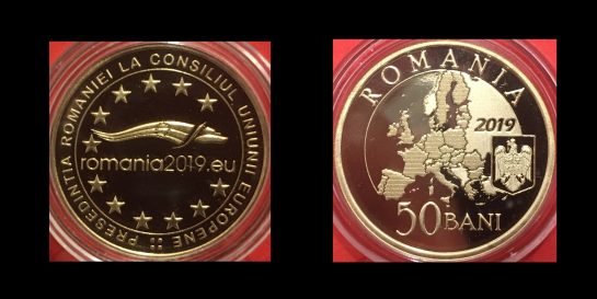50 bani, Preluarea de catre Romania, a Presedintiei Consiliului Uniunii Europene, an 2019, alama, 23,75 mm, Mugur Isarescu