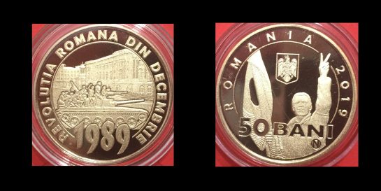 50 bani, 30 de ani de la Revolutia Romana din Decembrie 1989, an 2019, alama, 23,75 mm, Mugur Isarescu