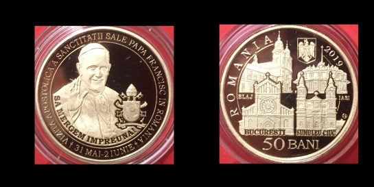 50 bani, Vizita Apostolica a Sanctitatii Sale Papa Francisc in Romania, an 2019, alama, 23,75 mm, Mugur Isarescu