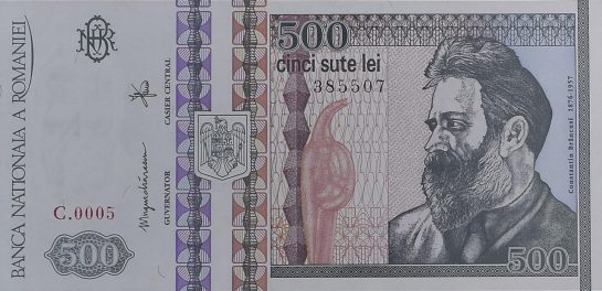 500 lei, an 1992, hartie, 160 X 77 mm, Mugur Isarescu, Octavian Ion Penda