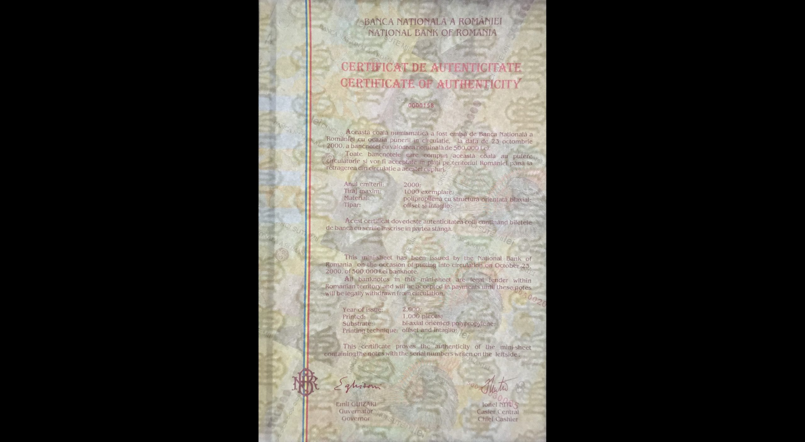 500000 lei – an 2000 – Coala – Emil Iota Ghizari - 500000-lei-2000-Coala-Emil-Iota-Ghizari-certificat-in-lumina